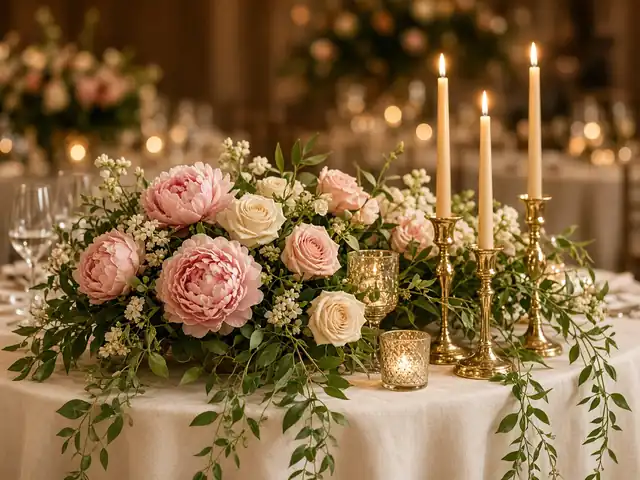 Centro de mesa con peonías, rosas y velas doradas