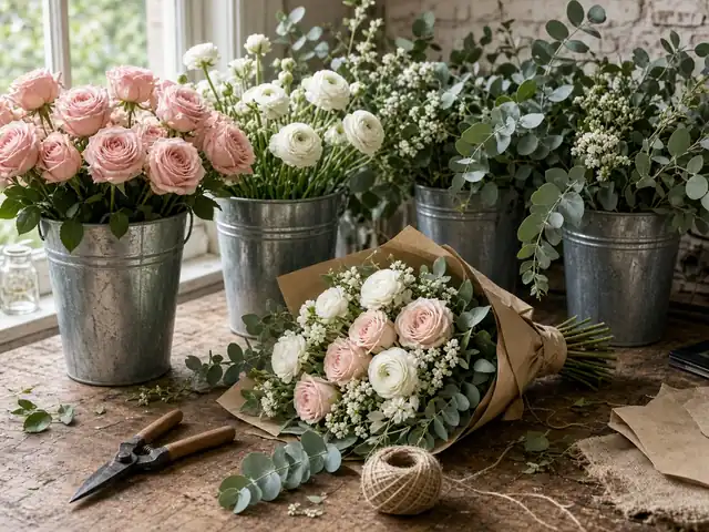 Taller floral con rosas, ranúnculos y eucalipto