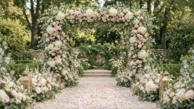 Arco floral de rosas rosa palo y hortensias en un jardín