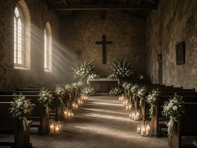 Capilla rústica decorada con flores blancas y velas