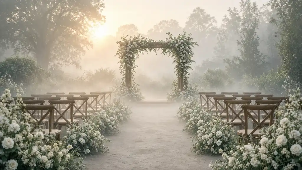 Ceremonia al aire libre entre niebla al amanecer