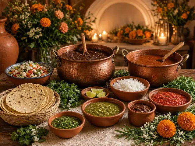 Estación de cocina mexicana con cazos de cobre y salsas