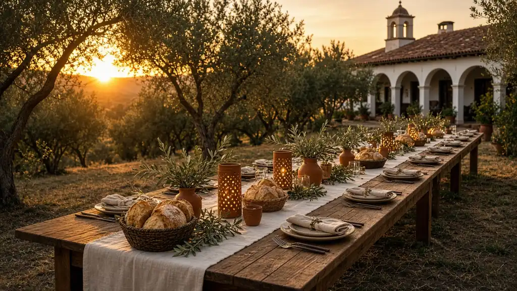 Mesa de banquete entre olivos al atardecer en una hacienda
